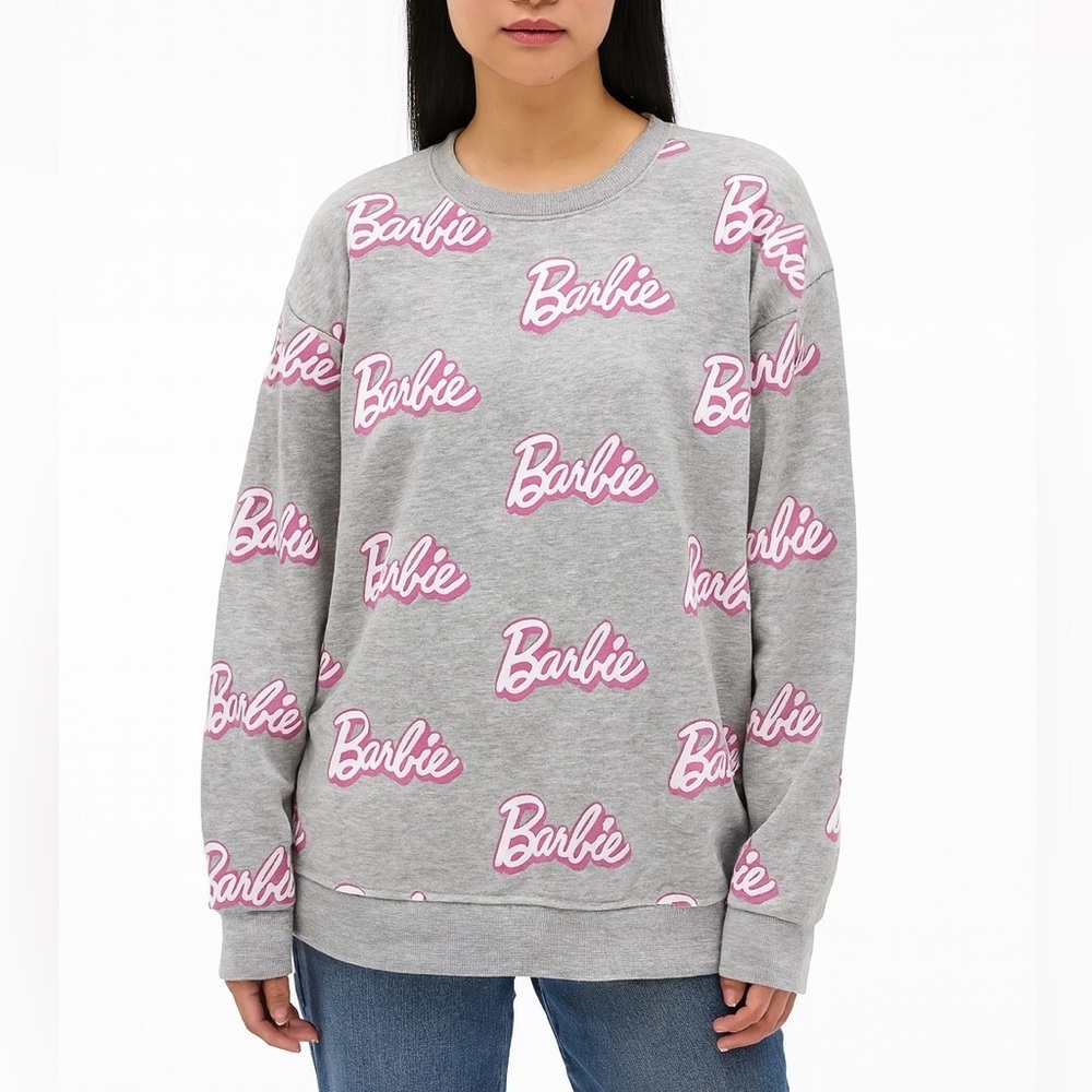 Barbie Gray Crewneck Sweatshirt Allover Pink Barbie Print Trendy Y2K Size Large